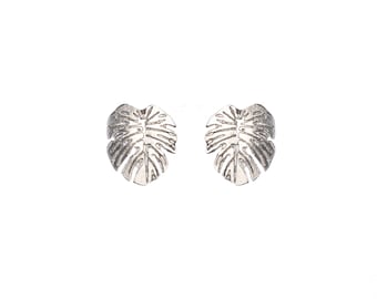 Monstera leaf stud earrings in sterling silver and gold plate