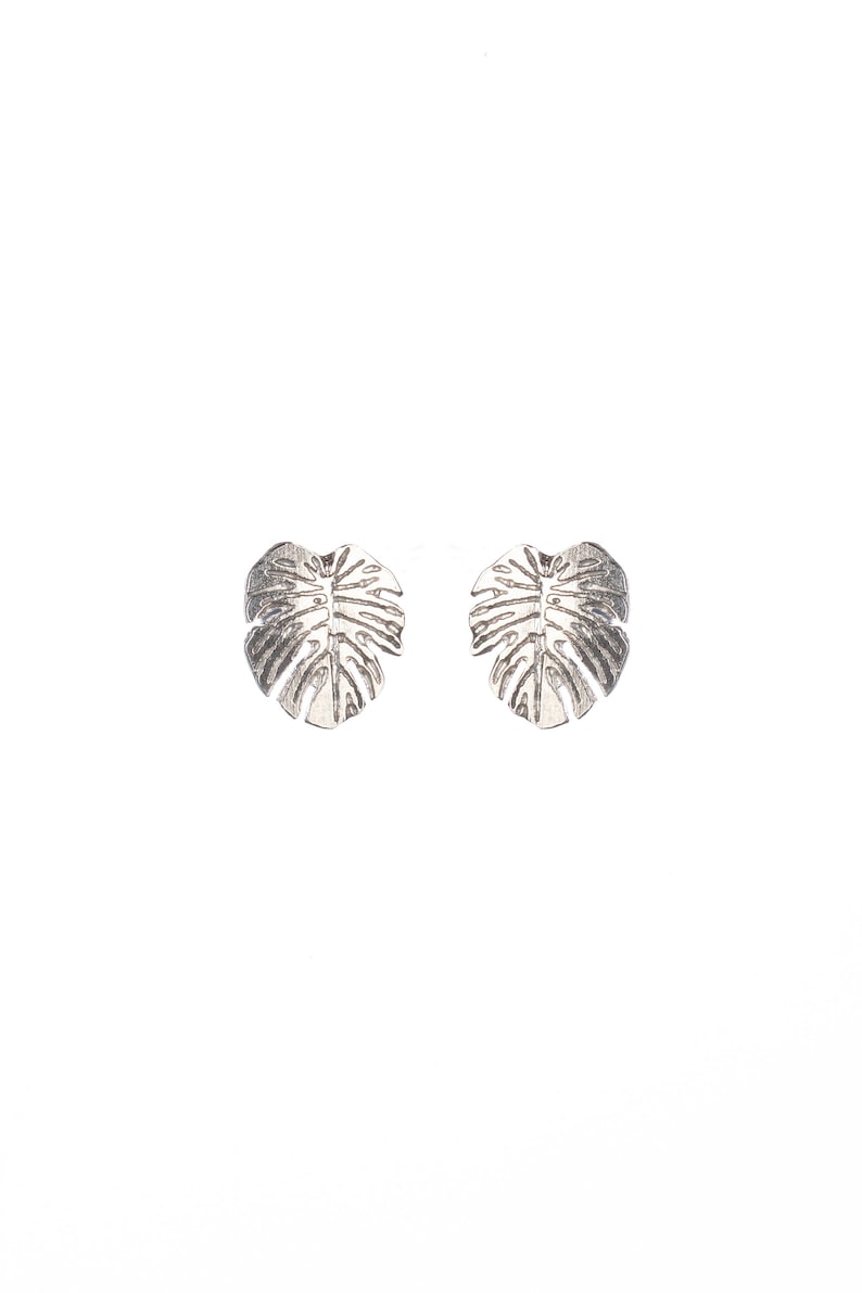 Monstera leaf stud earrings in sterling silver and gold plate image 1