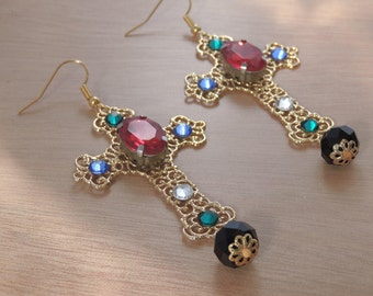 Byzantine Cross Earrings / Baroque gold crucifix with Swarovski Crystals and gemstones, Gold Rococo & Madonna inspired design