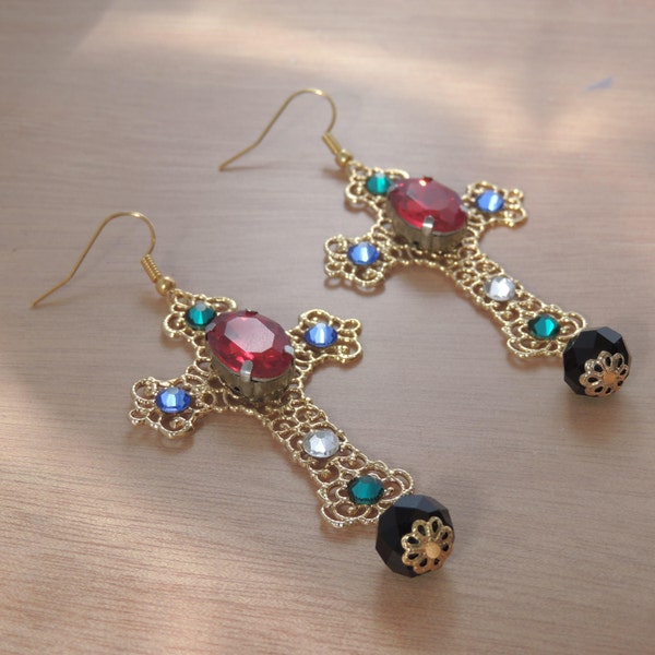 Byzantine Cross Earrings / Baroque gold crucifix with Swarovski Crystals and gemstones, Gold Rococo & Madonna inspired design