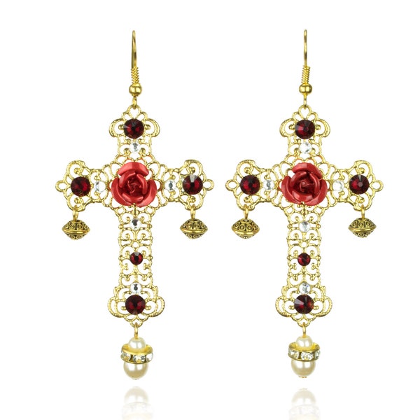 Large Gold Baroque Christian Cross earrings with Rose & Swarovski crystals, Filigree Christian Crucifix, Gothic / bohemian Victorian jewelry