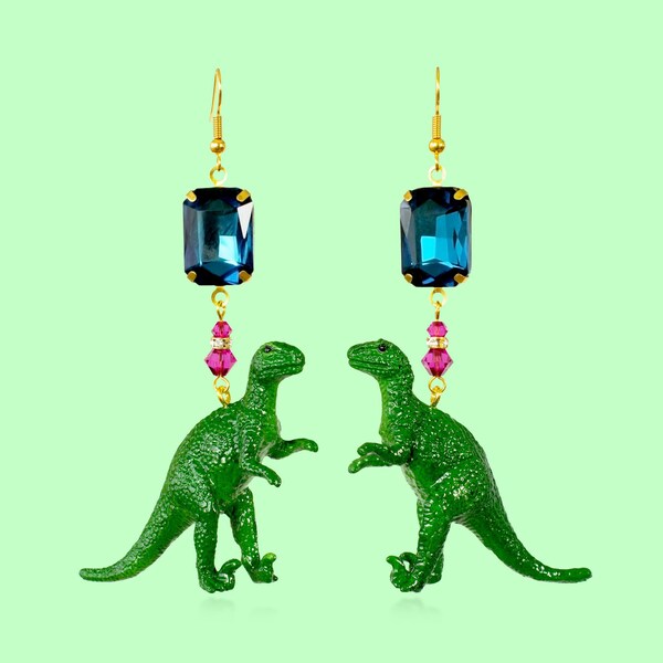 Handmade dinosaur earrings with Swarovski crystals / Kidcore statement earrings / Zoom earrings / 90s fashion / Camp avant garde jewelry