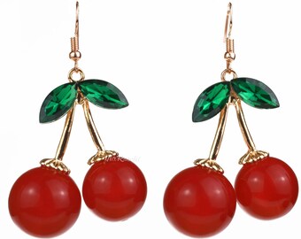 Large Cherry Earrings, Red Retro Fruit Jewelry, 1950's Kitsch, Rockabilly, Carmen Miranda, Burlesque, Pinup, Acrylic Rhinestones, Cherries