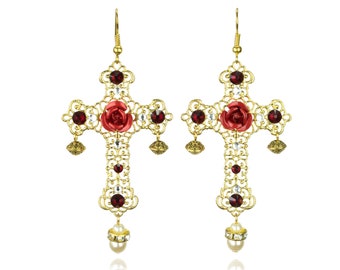 Large Gold Baroque Christian Cross earrings with Rose & Swarovski crystals, Filigree Christian Crucifix, Gothic / bohemian Victorian jewelry