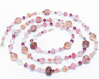 Pink Crystal Beaded Necklace, Elegant Women's jewellery, Handmade with Rose and Pink Murano lampwork glass beads and Swarovski Crystal