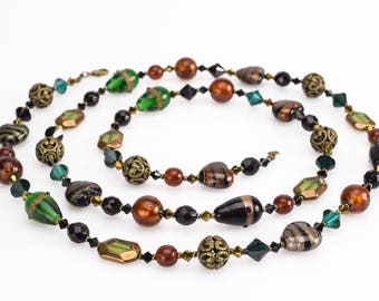 Crystal and Murano Glass Long Statement Beaded Necklace - Handmade antique beads - Artisan Medieval & Baroque Color with Gold and Bronze