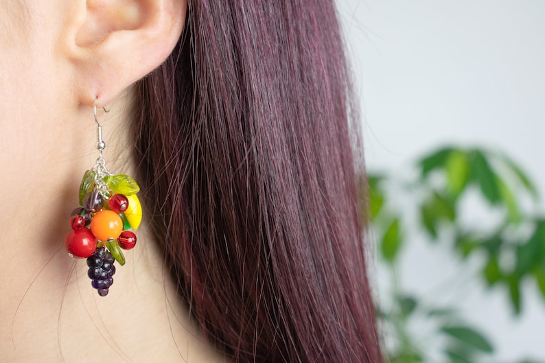 Luxury handmade tropical fruit earrings / Bespoke Carmen Miranda inspired glass & sculpted polymer clay beads / Vintage fruit fashion image 2