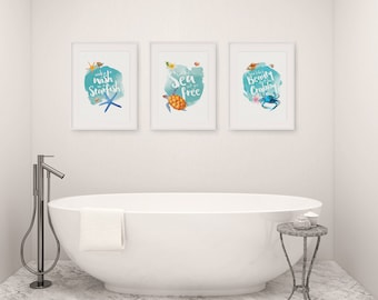 Conjunto completo de 3 impresiones de arte de baño de acuarela - decoración del baño, vida del océano, el mar, playa, presente, boda, aniversario, cumpleaños