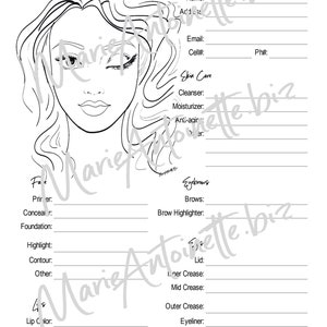 Puede incluir: Una lista de verificación de maquillaje imprimible con un dibujo de línea de la cara de una mujer. La lista de verificación incluye secciones para la cara, las cejas y los labios. El texto "Get the look!" está en la parte superior de la página.