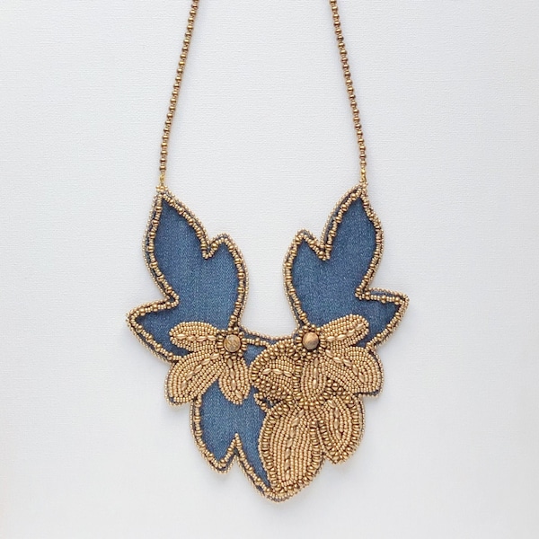 Statement woodland necklace from upcycled denim, bead embroidery leaf shape necklace