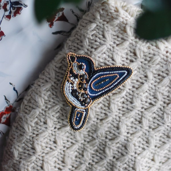 Embroidered bird brooch from upcycled denim