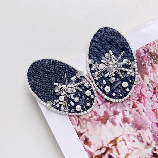 Embroidered upcycled denim oval stud earrings