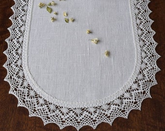 Oval Extra long off white Wedding table runner linen lace table scarf 120 x 14 inch narrow Holiday dining table centerpiece antique style