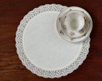 Linen & Lace Placemats Set: Round Cloth Doily Table Topper