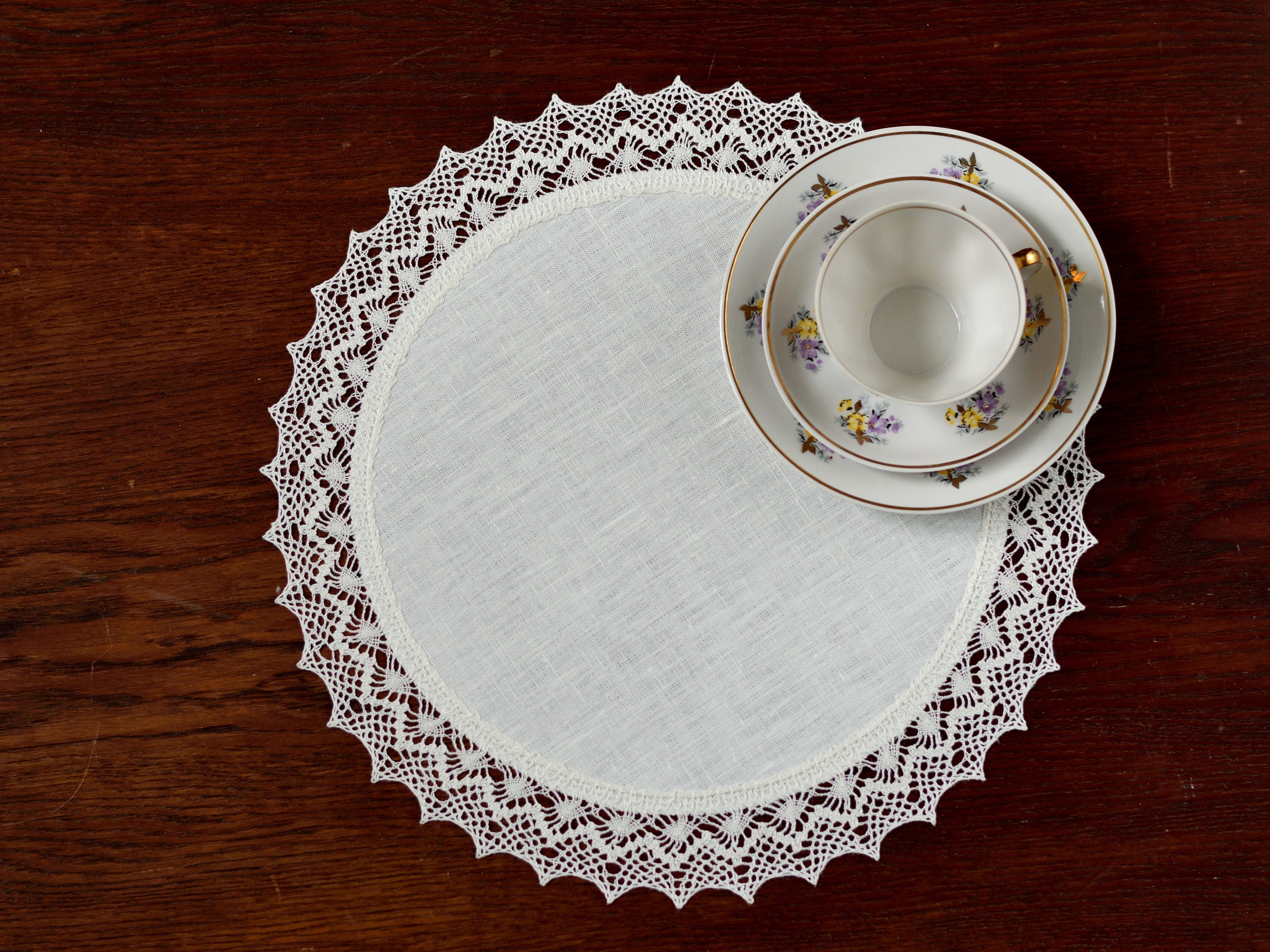 Linen Crochet Doily White Table Topper With Lace Small Table Runner