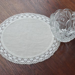 Set of lace doily table mats round oatmeal linen placemats Small table topper farmhouse dining table cloth decor 12 / 13 / 14 / 15 / 16 inch image 9