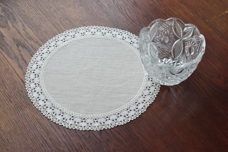 Set of lace doily table mats round oatmeal linen placemats Small table topper farmhouse dining table cloth decor 12 / 13 / 14 / 15 / 16 inch image 9