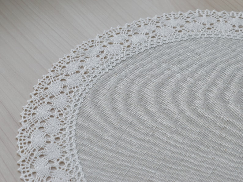 Set of lace doily table mats round oatmeal linen placemats Small table topper farmhouse dining table cloth decor 12 / 13 / 14 / 15 / 16 inch image 6