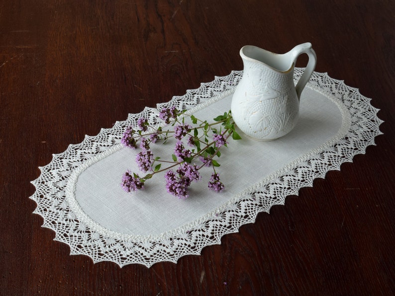Linen Crochet Doily White Table Topper With Lace Small Table Runner