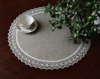 Small round lace tablecloth Natural linen doily table topper Sustainable table linens Large placemat  from 18 up to 40 inch side table cover