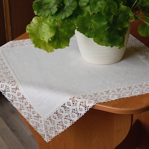 Small Square Linen Tablecloth – Lace Edged Doily, Christmas Table Decor, Rustic Holiday Centerpiece, Hostess Gift
