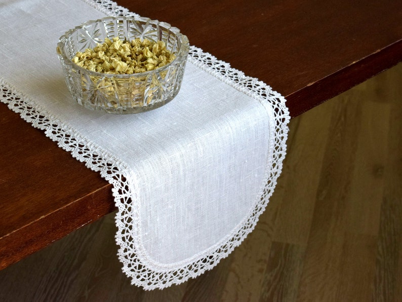 White Linen Narrow Dining Table Runner Oval Doily Dresser Etsy