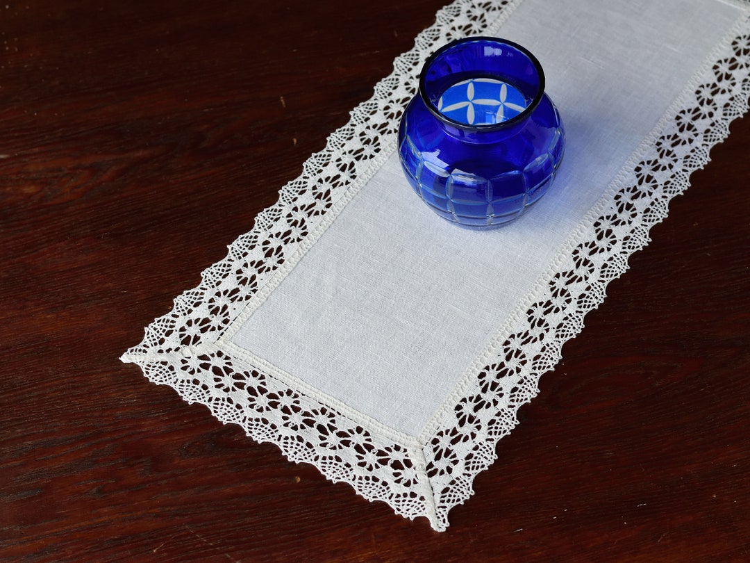 Off White Linen Lace Dresser Scarf Narrow Rectangle Doily Table Runner