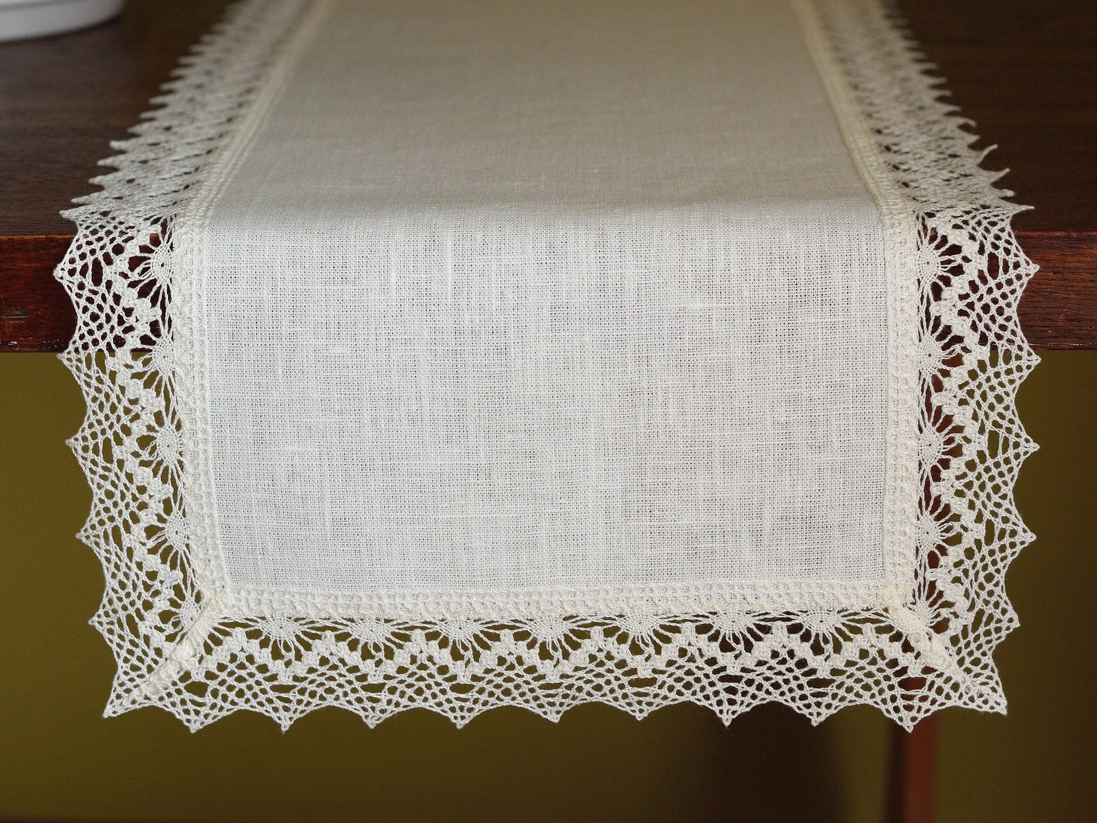 Off White Linen Table Runner With Lace Edge Rectangle or Oval Etsy