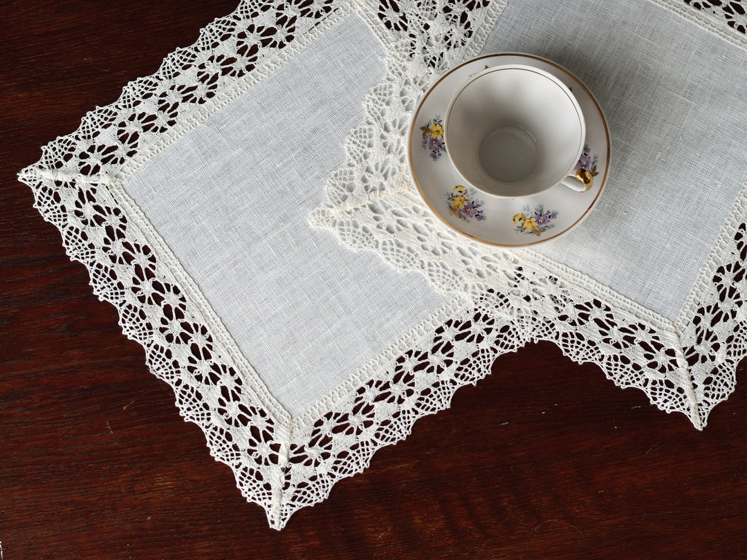 Off White Linen Table Doily Lace Trimmed Placemat Set Nightstand Cover
