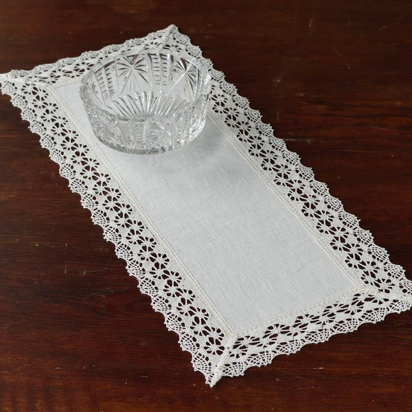 10 x 24 inch Small end table scarf  Narrow rectangle table doily Off white linen lace dresser scarf Modern Vintage coffee  table runner