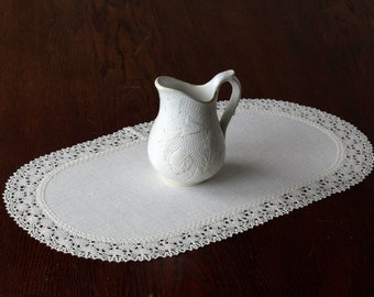Off white linen nightstand doily Small oval table runner with lace Modern coffee table topper Natural home decor