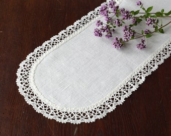 Oval or rectangle linen dresser scarf Narrow cloth doily table runner Small off white table topper living room sideboard cover Home decor