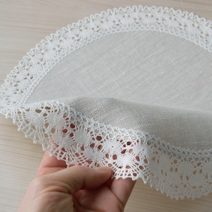 Set of lace doily table mats round oatmeal linen placemats Small table topper farmhouse dining table cloth decor 12 / 13 / 14 / 15 / 16 inch image 4