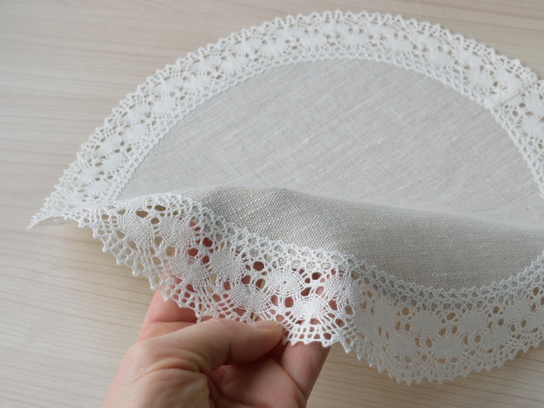 Set of lace doily table mats round oatmeal linen placemats Small table topper farmhouse dining table cloth decor 12 / 13 / 14 / 15 / 16 inch image 4