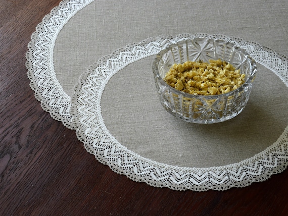 Natural Linen Doily Place Mat Round Table Topper With Lace Natural Linen Doily Place Mat Round, Tablecloth For 20 Inch Round Table