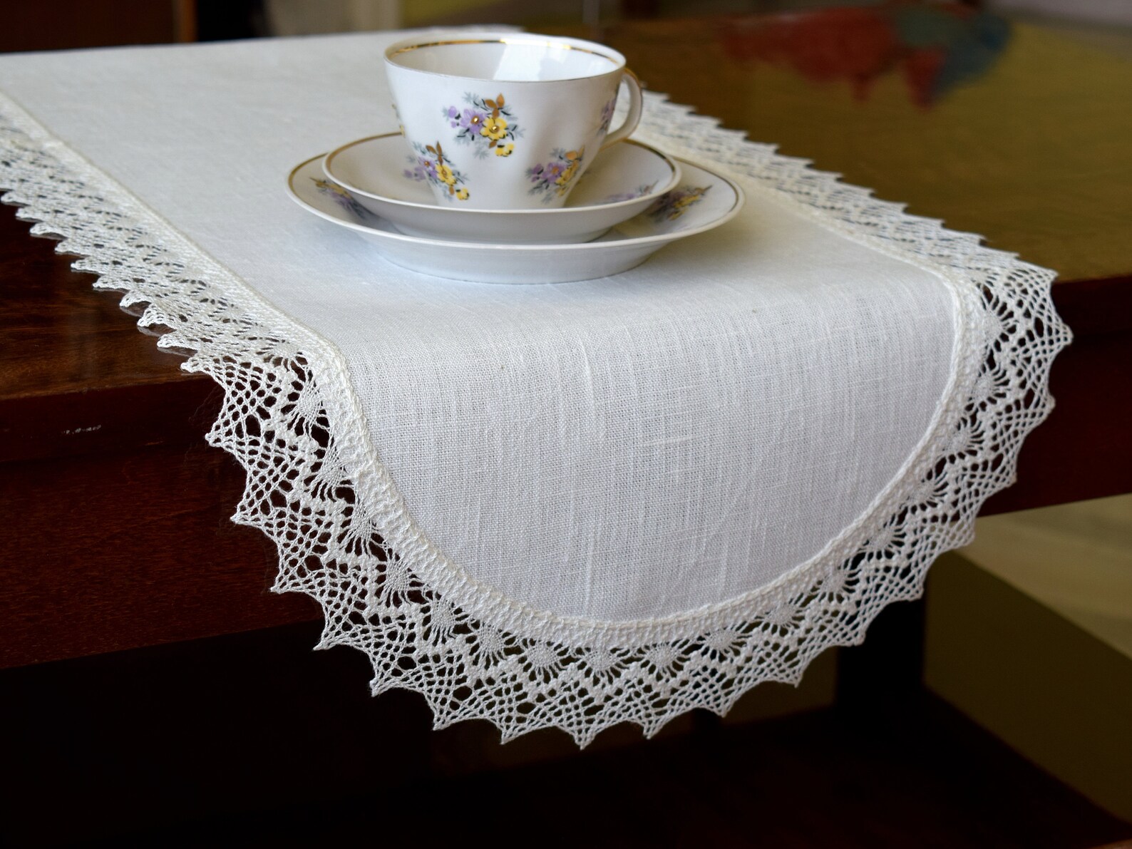 Off White Linen Table Runner With Lace Edge Rectangle or Oval Etsy
