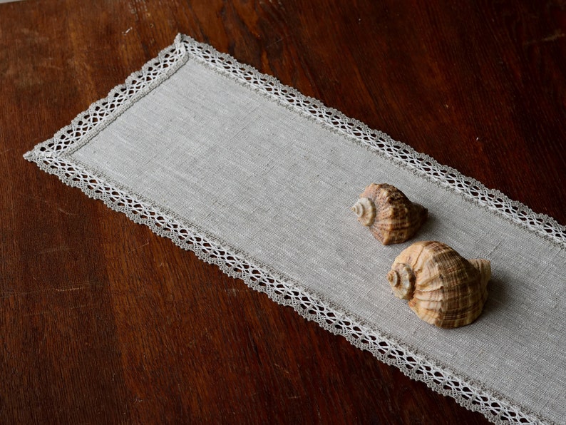 Small rectangle linen doily dresser scarf with lace trimming Narrow table runner Modern dresser top decor Oatmeal beige doily table topper image 1