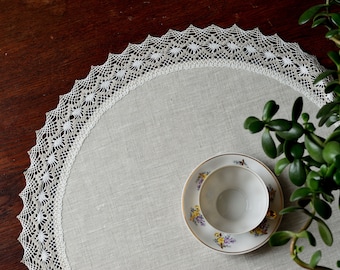Small round linen tablecloth lace doily sustainable table topper centerpiece with lace trimming / from 18 up to 40 inch circle Eco home gift