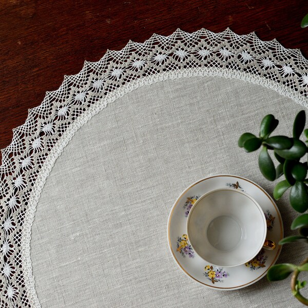 Small round linen tablecloth lace doily sustainable table topper centerpiece with lace trimming / from 18 up to 40 inch circle Eco home gift