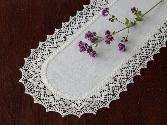 Narrow Linen Lace Dresser Scarf Small White Coffee Table Etsy