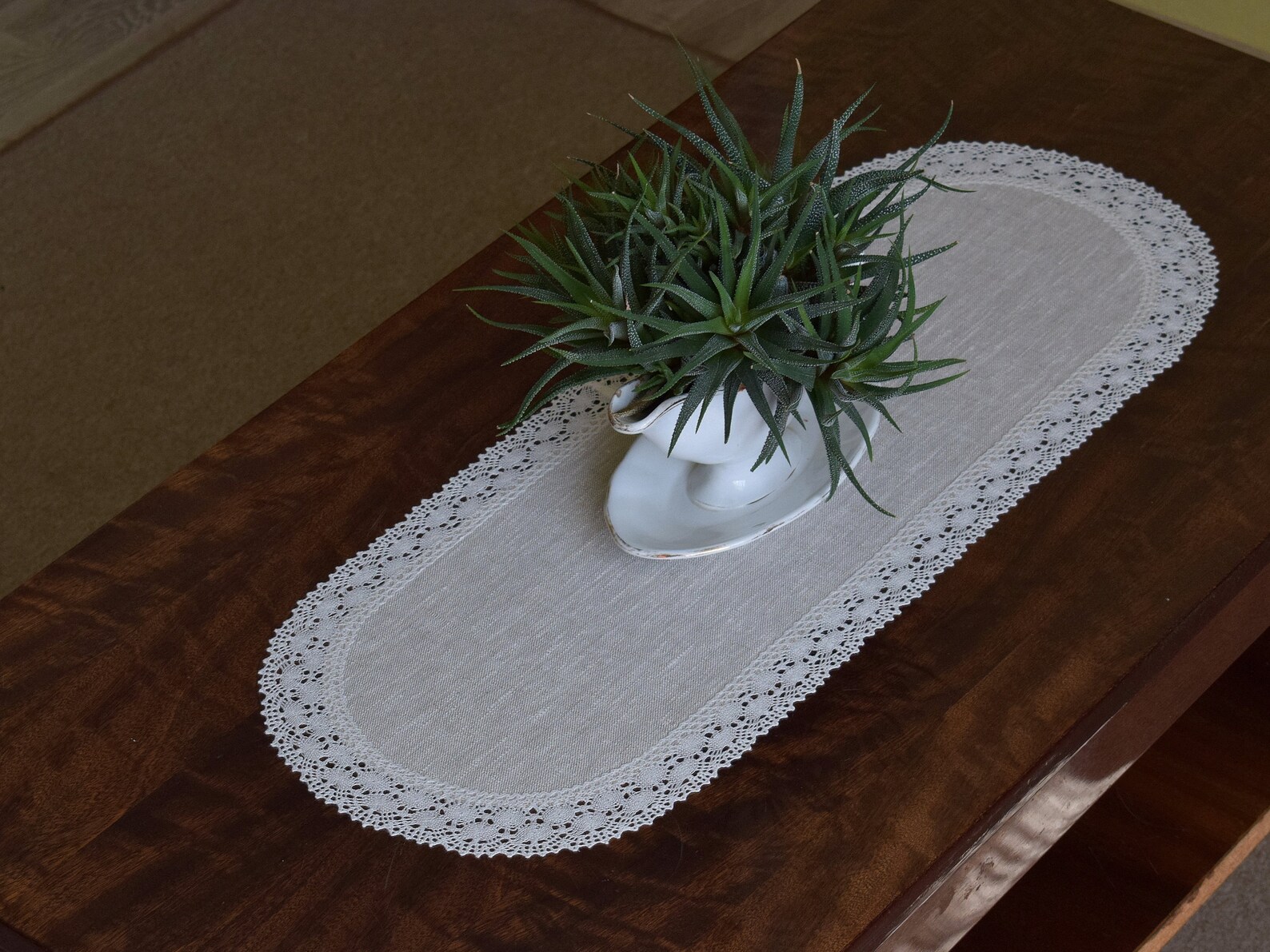 Beige small oval doily table runner with white lace edge Etsy