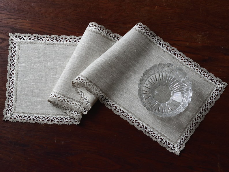 Small rectangle linen doily dresser scarf with lace trimming Narrow table runner Modern dresser top decor Oatmeal beige doily table topper image 7