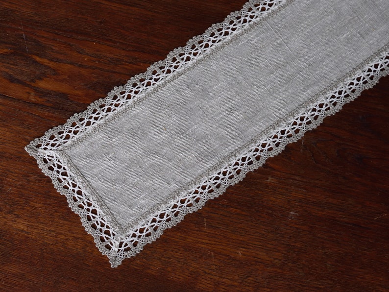 Small rectangle linen doily dresser scarf with lace trimming Narrow table runner Modern dresser top decor Oatmeal beige doily table topper image 3