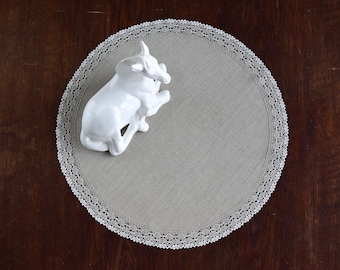Natural linen lace tablecloth, Round doily table topper, Host gift for modern home decor