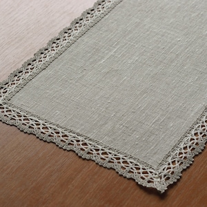 Small rectangle linen doily dresser scarf with lace trimming Narrow table runner Modern dresser top decor Oatmeal beige doily table topper image 10