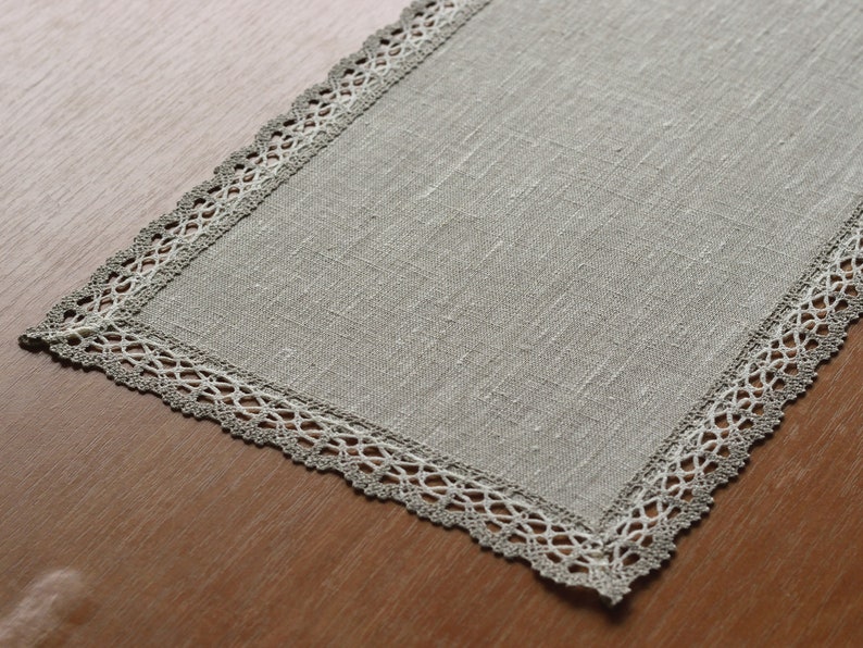 Small rectangle linen doily dresser scarf with lace trimming Narrow table runner Modern dresser top decor Oatmeal beige doily table topper image 10