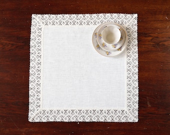 Small off white linen  table cloth with lace edge Square lace doily table topper large placemat centerpiece for table modern farmhouse decor