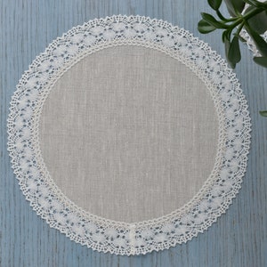 Set of lace doily table mats round oatmeal linen placemats Small table topper farmhouse dining table cloth decor 12 / 13 / 14 / 15 / 16 inch image 8