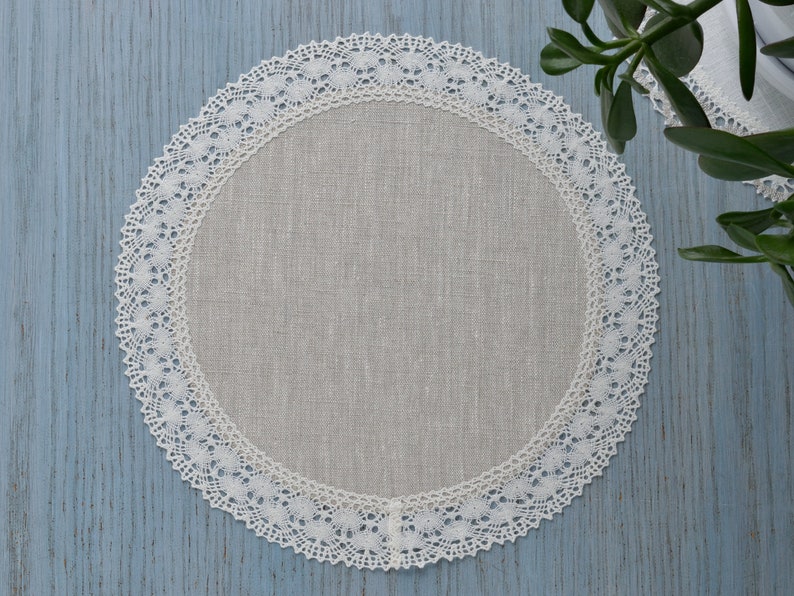 Set of lace doily table mats round oatmeal linen placemats Small table topper farmhouse dining table cloth decor 12 / 13 / 14 / 15 / 16 inch image 8