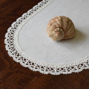 Oval linen lace doily Small table runner Off white dresser scarf Modern cloth table topper Coffee table centerpiece in Custom size image 5